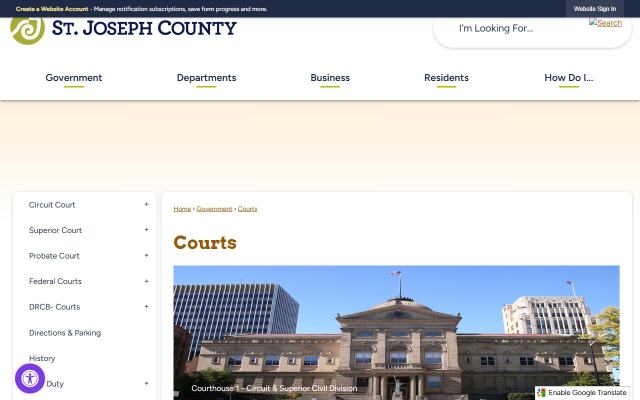 St. Joseph County courts page for court records and court contacts