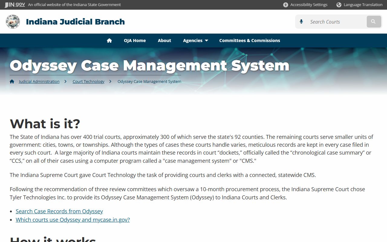 Indiana Odyssey case management page behind St. Joseph County court records