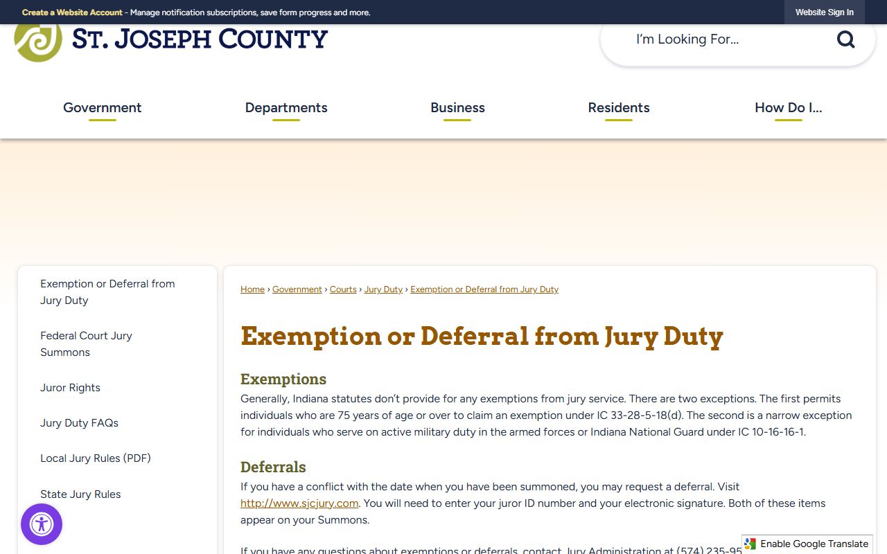 St. Joseph County Small Claims Division page for trial court records