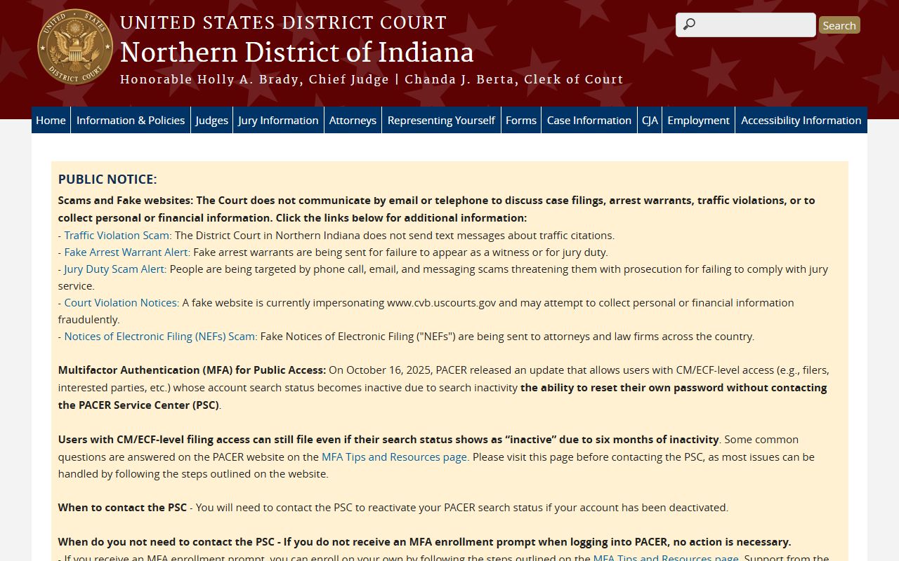 U.S. District Court for the Northern District of Indiana page covering St. Joseph County federal court records